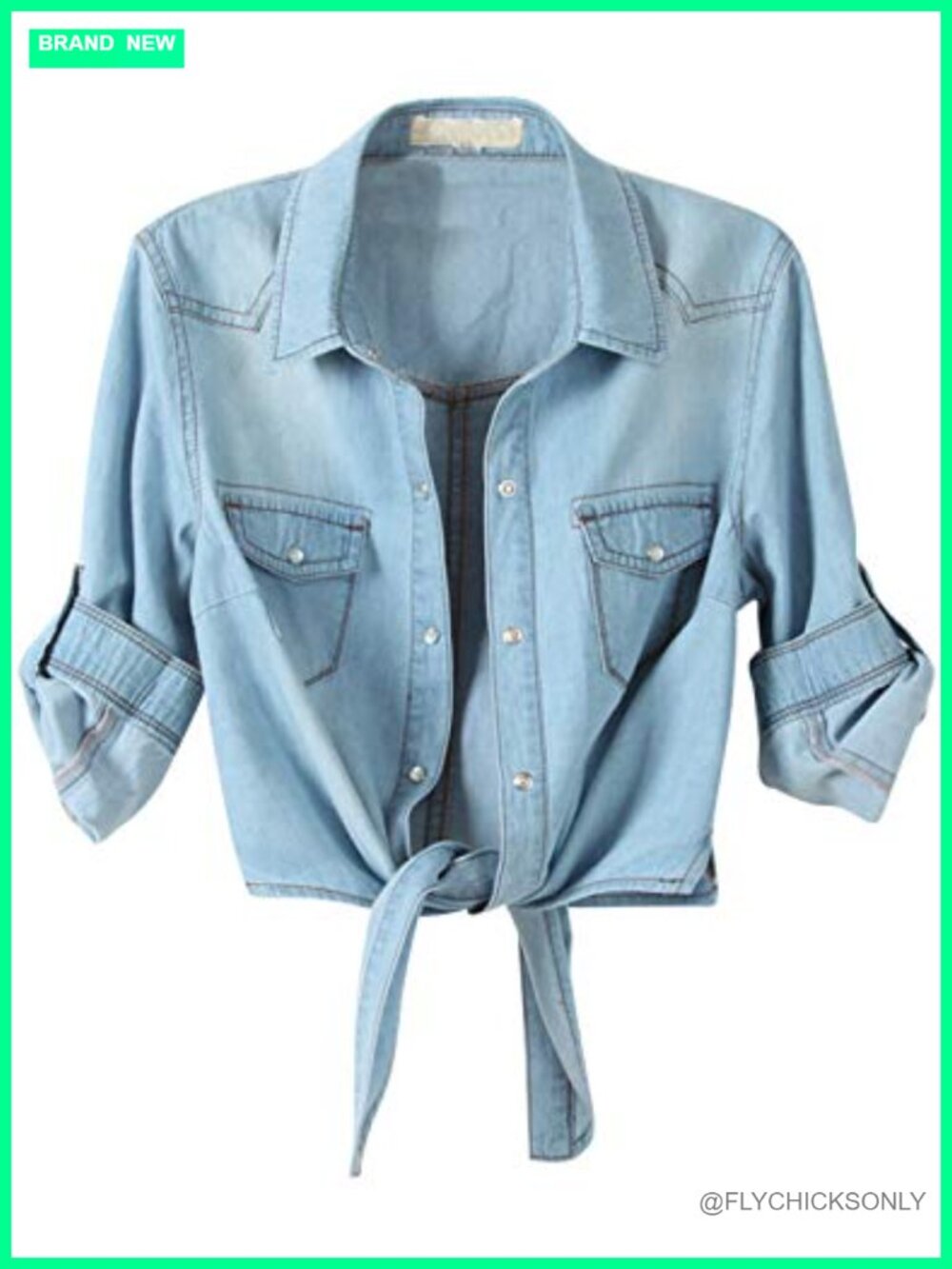Omoone Denim Shirt Crop Top Tie Knot Chambray Cardigan 3/4 Sleeve Snap Button
